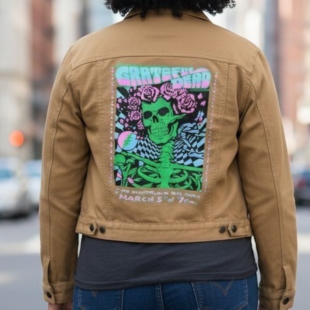 FNG LA Vintage Y2K Tan Trucker Jacket Grateful Dead Style Patch Size Medium
